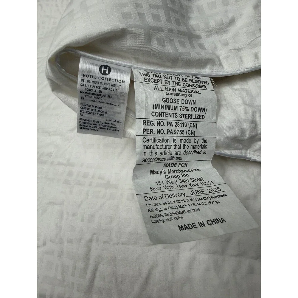 Hotel Collection Goose Down Light Weight Full/Queen White Comforter New